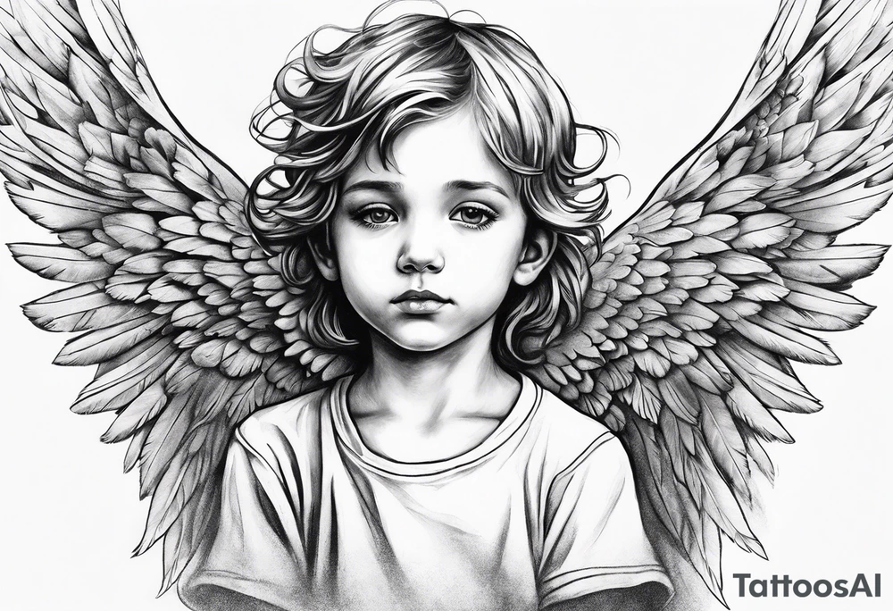 Angel covering a boy with her wings for shelter tattoo idea