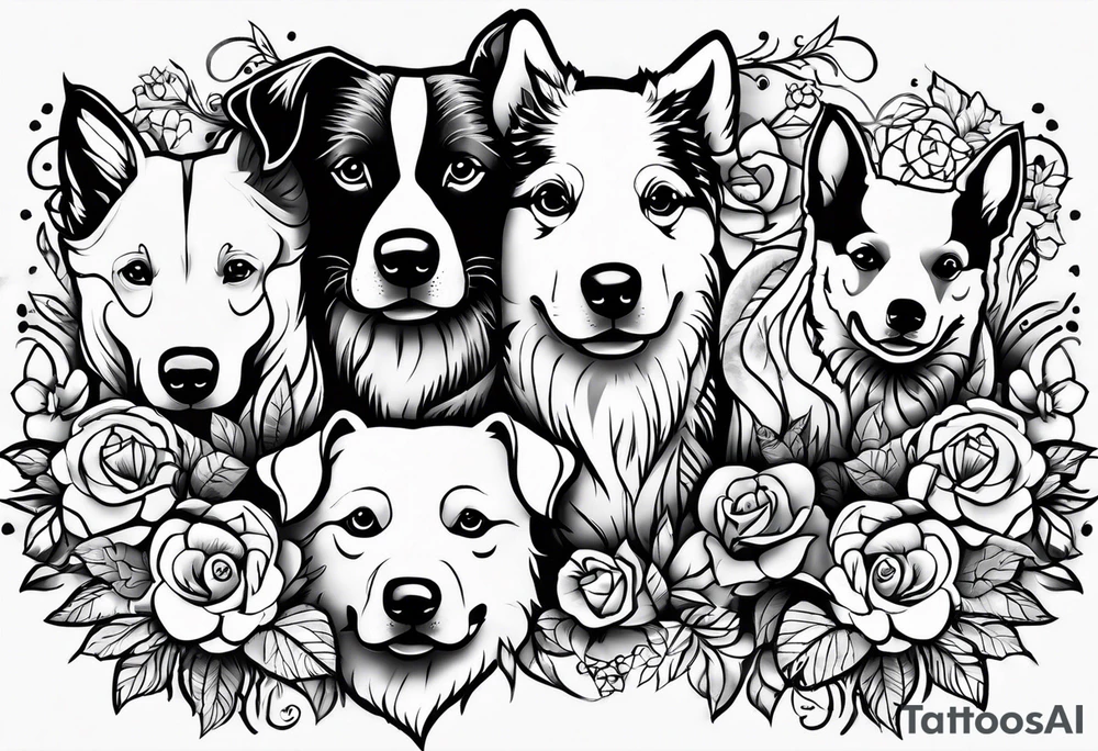 Tattoo featuring the name of each of my dogs their names are "Tasha Katie Kiera Zeke Pixie Bud Bear" tattoo idea