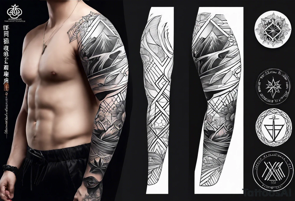 From left shoulder to forearm sleeve tattoo. Fine line geometric, concept design tattoo, ocean thunder fire nature tattoo idea