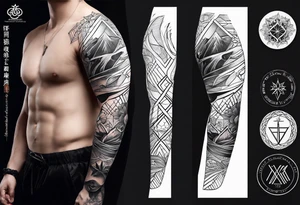 From left shoulder to forearm sleeve tattoo. Fine line geometric, concept design tattoo, ocean thunder fire nature tattoo idea