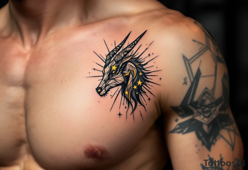 An abstract Capricorn tattoo featuring bold black lines and radiant yellow stars scattered in the pattern tattoo idea