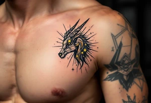 An abstract Capricorn tattoo featuring bold black lines and radiant yellow stars scattered in the pattern tattoo idea