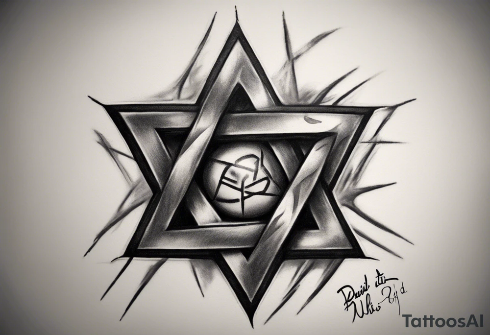 Generate a small 3”x3” tattoo with a rough metal tarnished Star of David using black & grey ultra realism tattoo style that looks as if it was woven into the muscles of the of the left peck. With “Pain is Power. Use it to help heal the world” inscribed on the Start of David like it was chiseled into the steel leaving it looking clean cut and gleaming tattoo idea