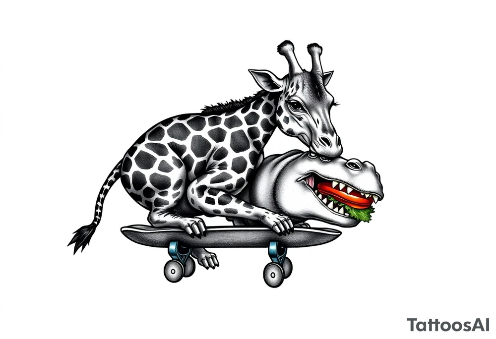 Majestic giraffe riding a skateboard and eating a hippo sandwich tattoo idea