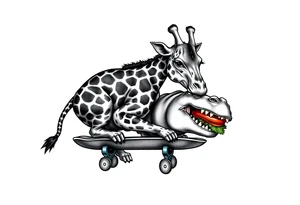 Majestic giraffe riding a skateboard and eating a hippo sandwich tattoo idea