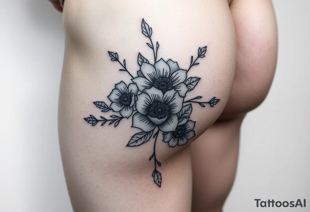 Hip and thigh tattoo with Thinner lines and flowers something dainty but also bohemian with maybe a touch of an insect or small animal tattoo idea