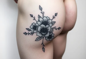 Hip and thigh tattoo with Thinner lines and flowers something dainty but also bohemian with maybe a touch of an insect or small animal tattoo idea