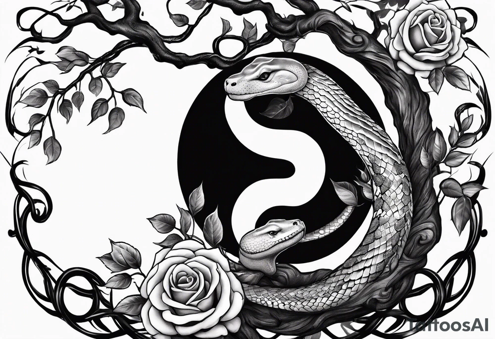 Tree yin and yang with roses and a snake tattoo idea