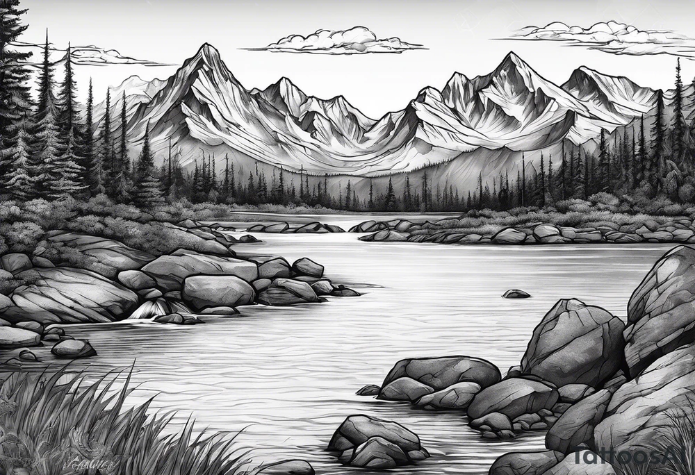 Mountains with water and name Caiden and Sawyer tattoo idea