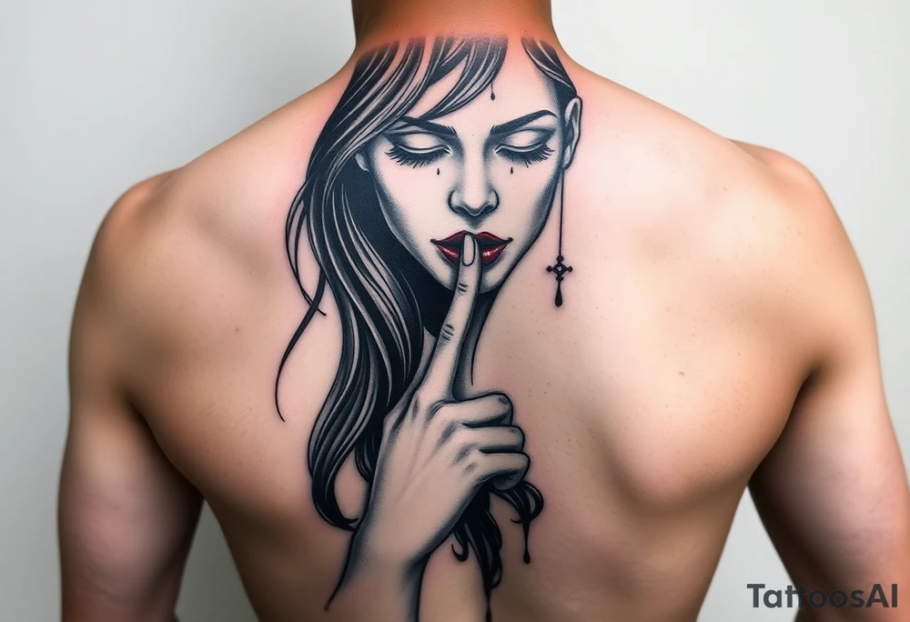 Women that's looking down with her eyes closed shut and her index finger to her mouth and has both of her ears bleeding with the blood dripping down her face as her long hair flows down the side of her back and chest tattoo idea