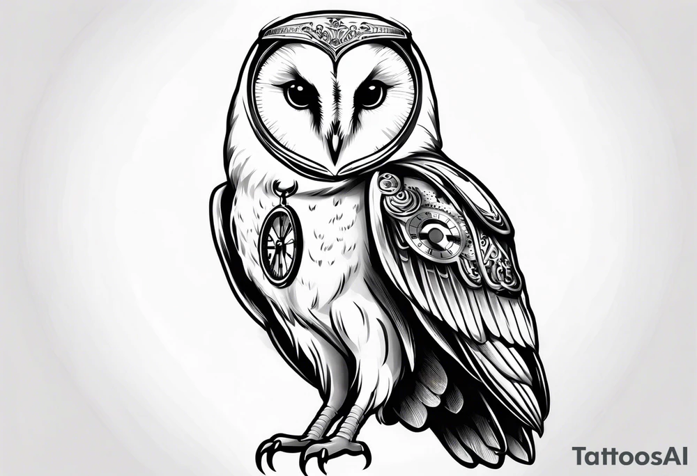 Barn owl holding a pocket watch with the time set at 1:43 tattoo idea