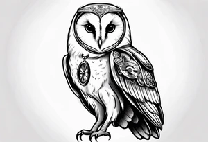 Barn owl holding a pocket watch with the time set at 1:43 tattoo idea