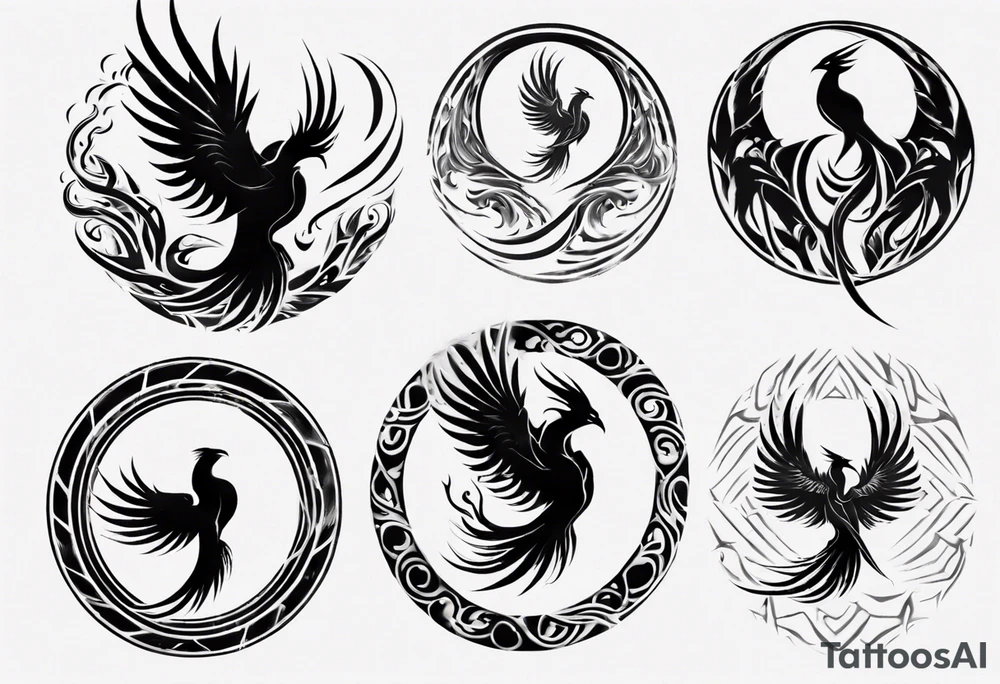 Phoenix rising blending in circles tattoo idea
