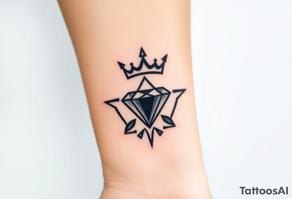 A single, large diamond centered within a sleek, minimalist crown, outlined in fine black ink with a subtle gold shadow to add depth. tattoo idea