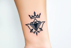 A single, large diamond centered within a sleek, minimalist crown, outlined in fine black ink with a subtle gold shadow to add depth. tattoo idea