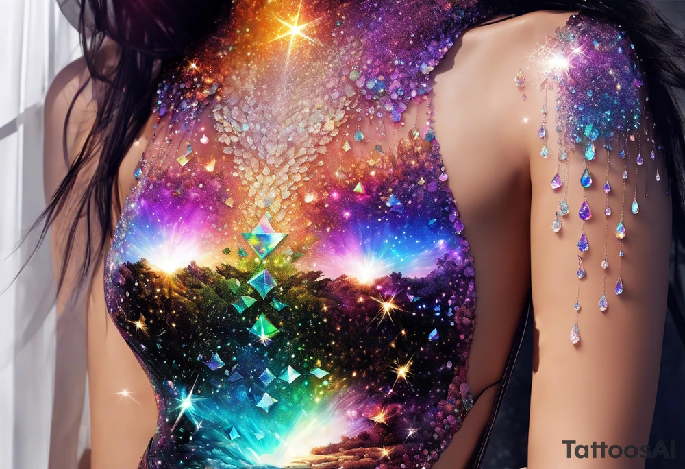 Holographic glitter rain wind crystal cluster dazzling sparkle breathtaking wispy galaxy tattoo idea