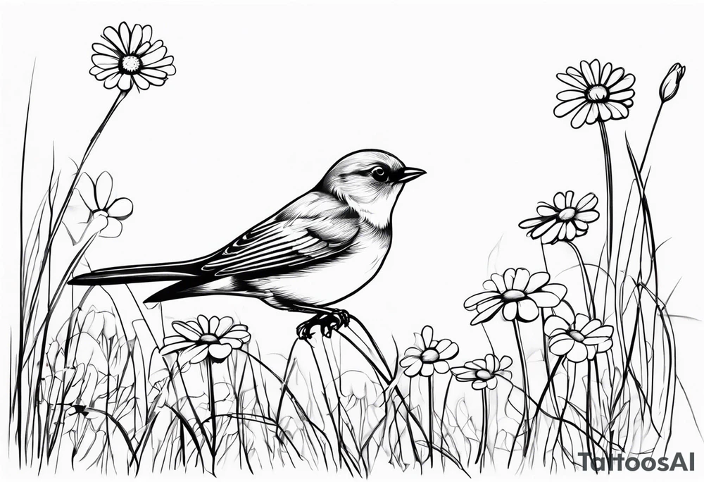 Little bird out perched on grass and daisys tattoo idea