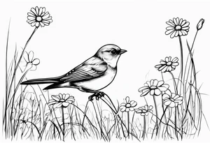 Little bird out perched on grass and daisys tattoo idea
