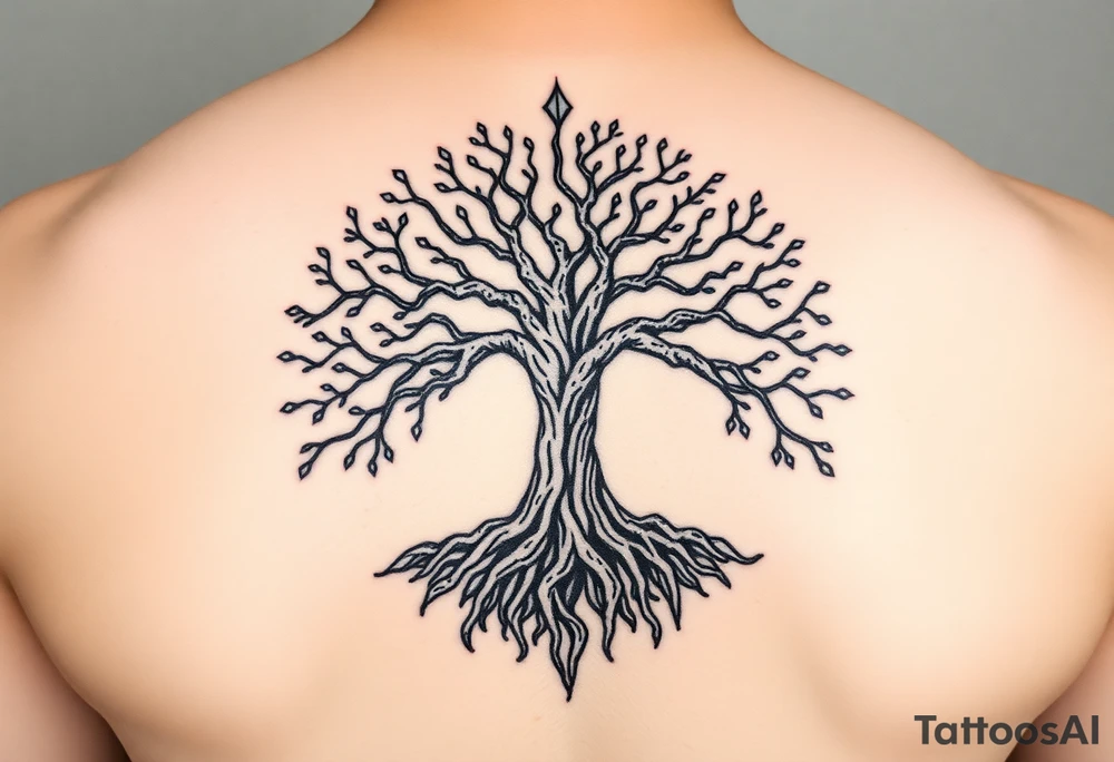 HIV positive mystical tree of life with cosmic roots and celestial branches tattoo idea