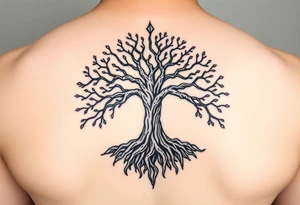 HIV positive mystical tree of life with cosmic roots and celestial branches tattoo idea