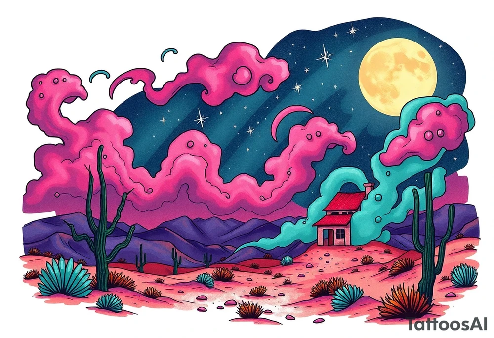 Tim Burton’s nevada new mexico desert  and dripping with muted reds, dusty pinks, and eerie green glow purple and cyan smokey clouds swirl and dance in the moonlit night sky filled with twinkling stars  tattoo idea tattoo idea