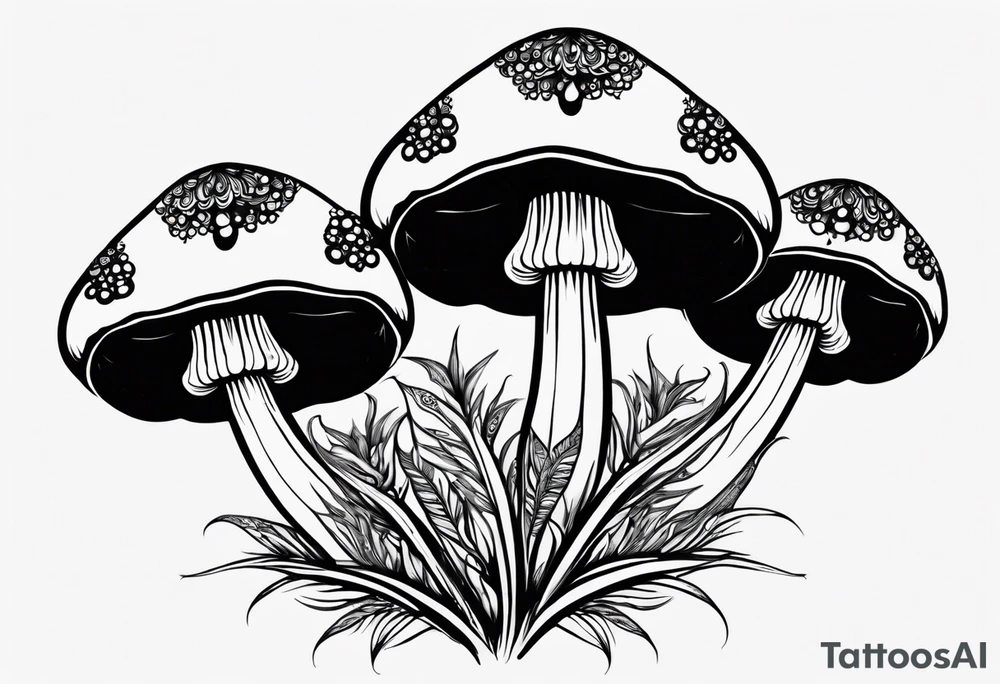 Large Shaggy cap mushroom dripping ink off cap with 4 smaller mushrooms around it mandala henna black tattoo design tattoo idea