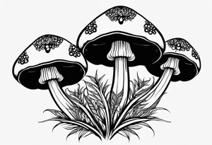Large Shaggy cap mushroom dripping ink off cap with 4 smaller mushrooms around it mandala henna black tattoo design tattoo idea
