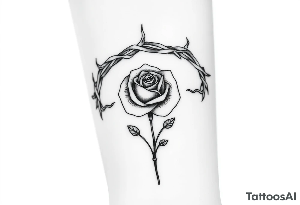 Crown of braided thorns with a rose with a stem in the middle tattoo idea