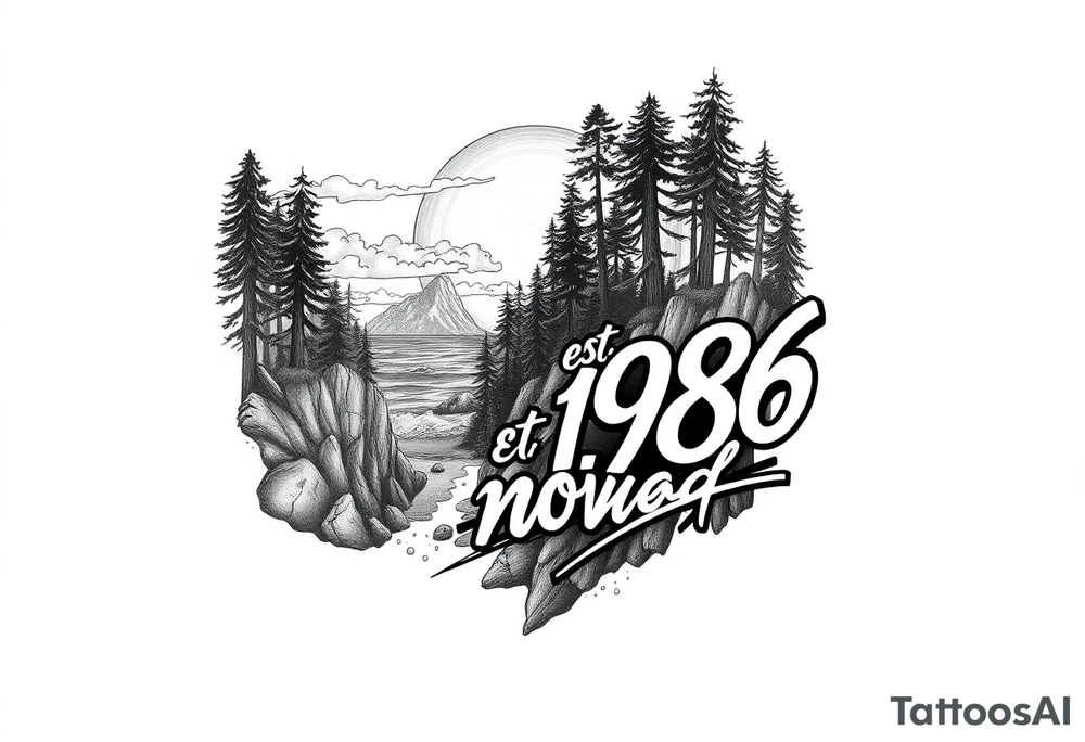 Collage of Redwood forest cliff huge trees campfire smoke and sunset meeting ocean  with huge waves crashing on the rocky shoreline and a night ski with the words "est.1986 nomad life" in graffiti like old English custom letters tattoo idea
