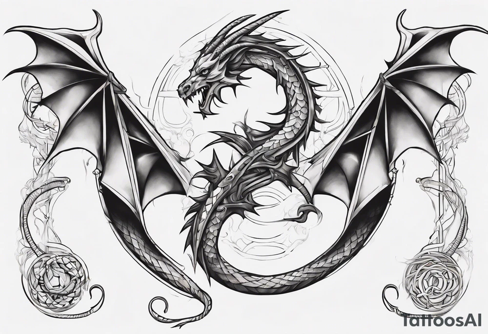 a long dragon intertwined along the arm with horns, mane, scales tattoo idea