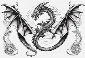 a long dragon intertwined along the arm with horns, mane, scales tattoo idea