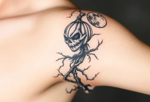 powerful wicked pumpkin head sentinel with vine and stick body, surrounded by fog, moon in the upper right background with ravens and skulls at the base tattoo idea