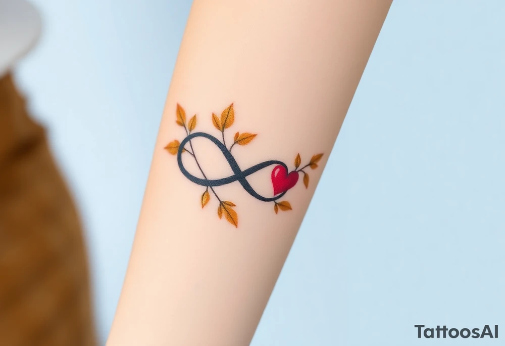 A infinity symbol adorned with golden leaves and a tiny red heart tattoo idea