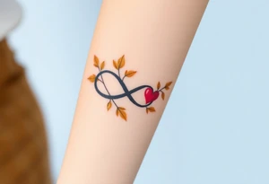A infinity symbol adorned with golden leaves and a tiny red heart tattoo idea