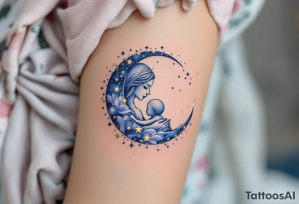 A crescent moon in silver with a mother and child nestled inside, surrounded by tiny gold stars, represents nighttime care and dreams. tattoo idea