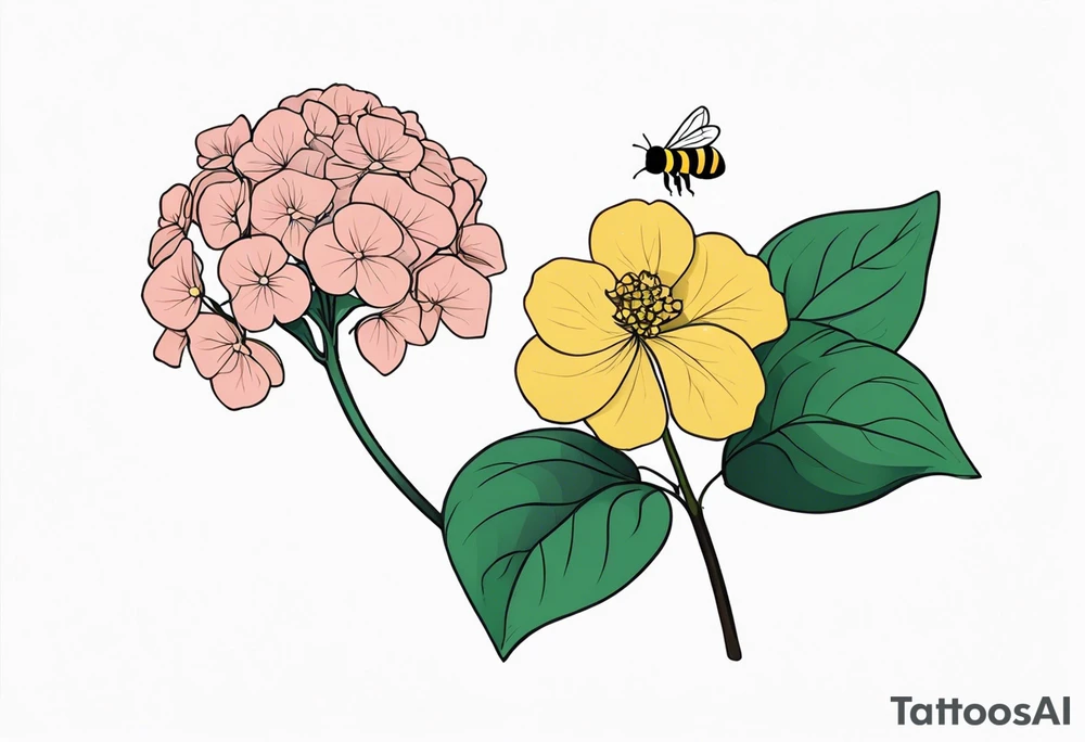 One Hydrangea flower with stem and a small bee. Small for forearm placement tattoo idea One Hydrangea flower with stem and a small bee. Small for forearm placement tattoo idea