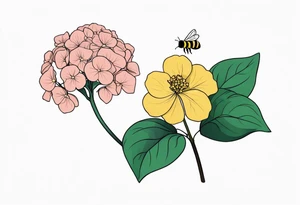 One Hydrangea flower with stem and a small bee. Small for forearm placement tattoo idea
