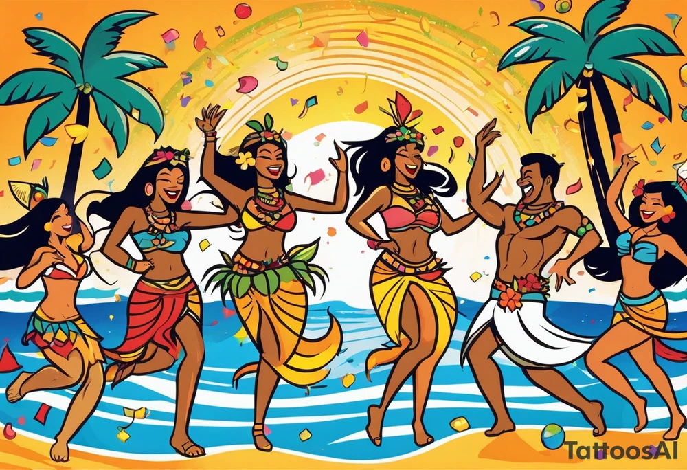 dancing tiki gods and hula girls on the left and right side of a beach party scene with confetti and music notes with a setting sun in the center of the image tattoo idea