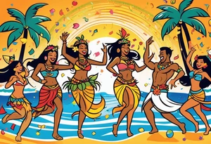 dancing tiki gods and hula girls on the left and right side of a beach party scene with confetti and music notes with a setting sun in the center of the image tattoo idea