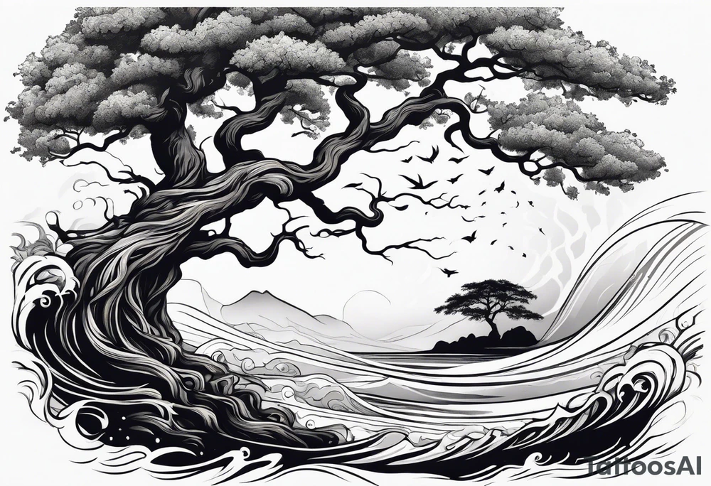 tall oak tree with roots growing around calming waves and a phoenix for forearm tattoo idea tall oak tree with roots growing around calming waves and a phoenix for forearm tattoo idea