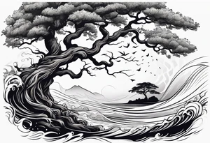 tall oak tree with roots growing around calming waves and a phoenix for forearm tattoo idea