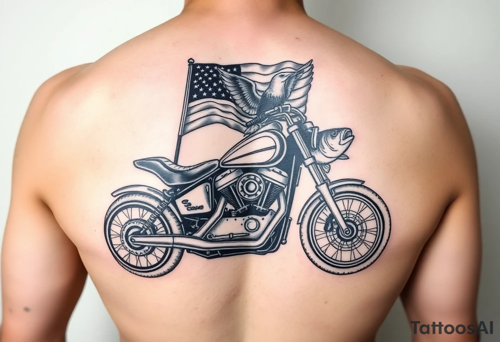 Harley Davidson sporter motorcycle with bald eagle American flag and a bass fish tattoo idea