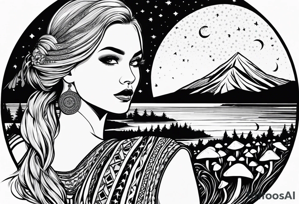 Straight blonde hair girl facing away toward mountains surrounded by mushrooms crescent moon mandala circular design black and white striped dress "8" braided into hair tattoo idea