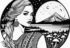 Straight blonde hair girl facing away toward mountains surrounded by mushrooms crescent moon mandala circular design black and white striped dress "8" braided into hair tattoo idea