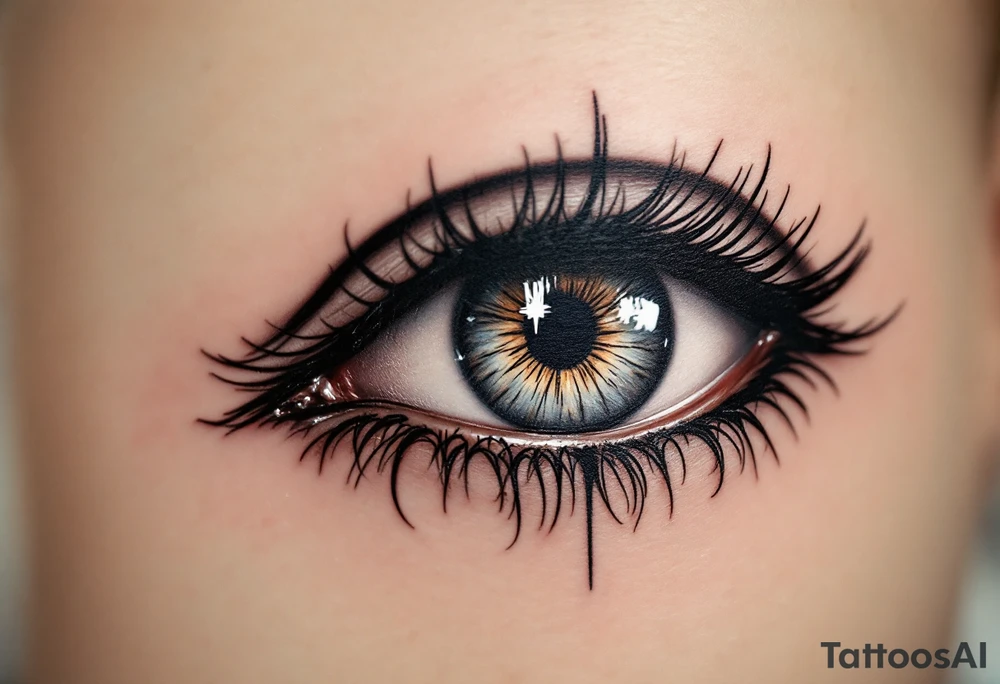A thin black cross placed  next to eye tattoo, minimalist and sharp, symbolizing inner strength and spiritual reflection. tattoo idea