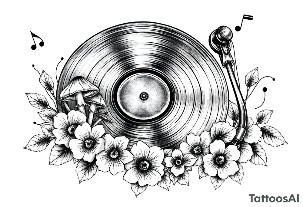 simple vinyl record player with mushrooms, flowers, and music notes around it tattoo idea