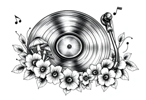simple vinyl record player with mushrooms, flowers, and music notes around it tattoo idea
