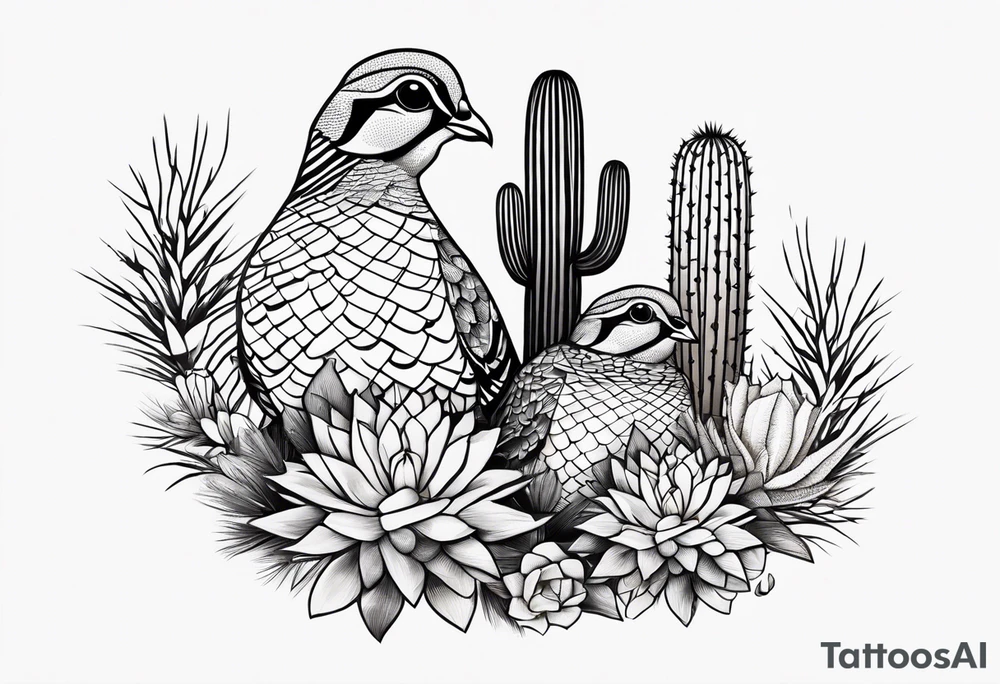 Three quails, desert flowers, cactus, ocotillo, forearm tattoo idea