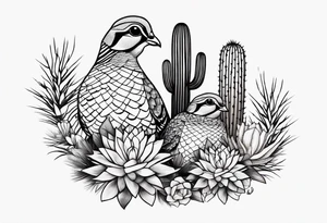 Three quails, desert flowers, cactus, ocotillo, forearm tattoo idea