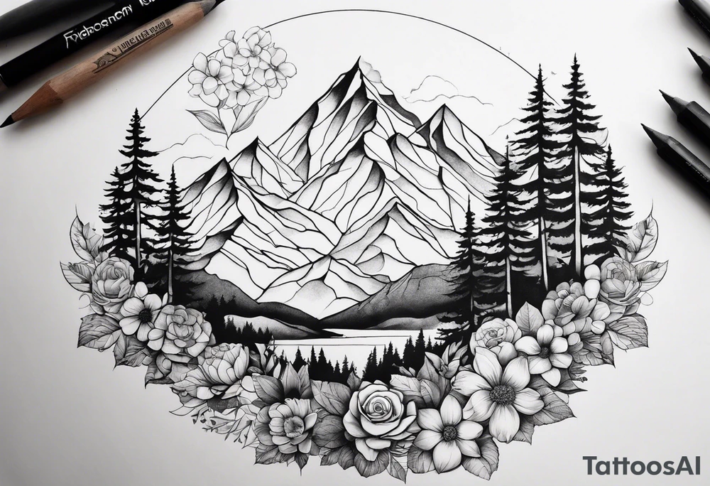 the Fibonacci Sequence. Based on the last image produced, replace the left side of the image with the Rocky Mountains that drops into a triangular point. Remove the floral theme tattoo idea